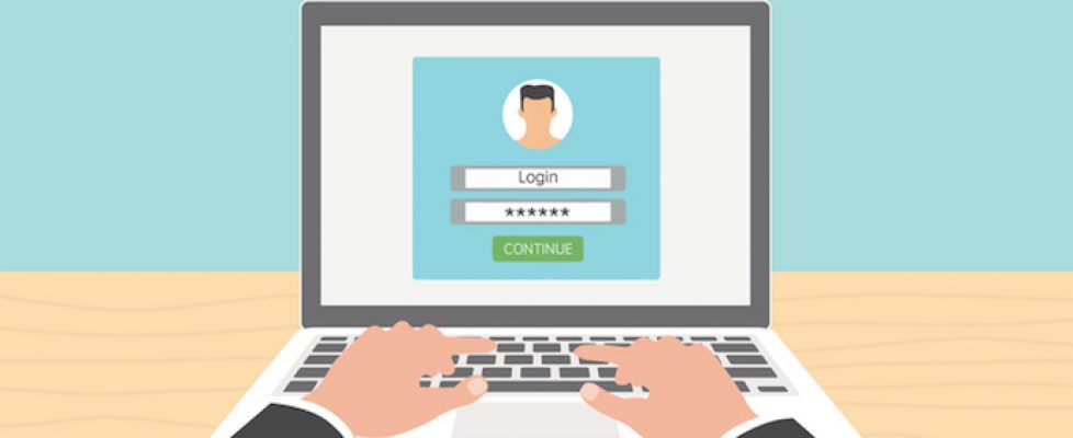 Log in account on the laptop. Hands on the laptop. Vector Illustration.