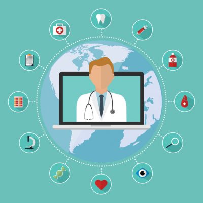 Doctor on internet online laptop for telemedicine with longs shadow medical icon. Vector illustration flat design medical healthcare concept technology trend.